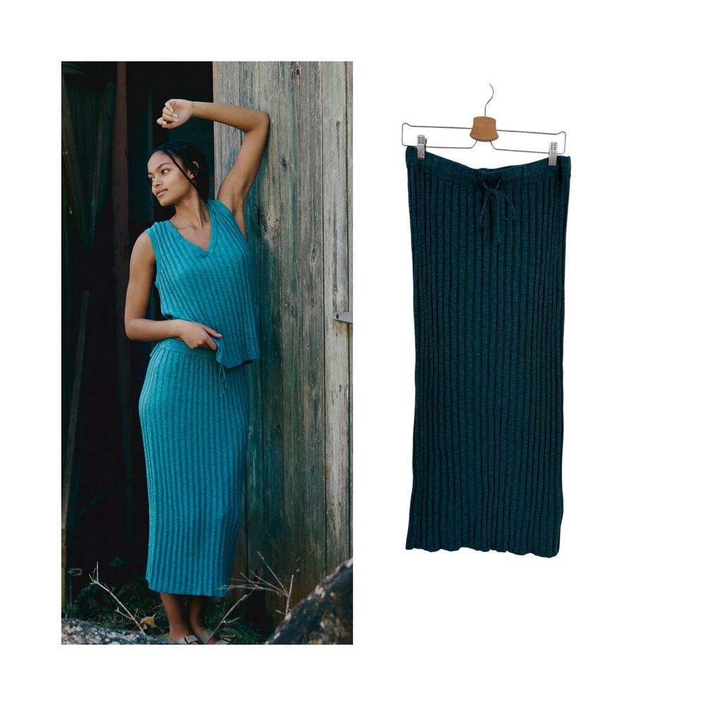 Free People FP Beach Veda Rib Knit Maxi Skirt Teal Drawstring Size Medium